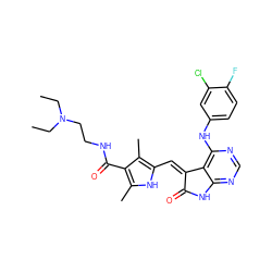 CCN(CC)CCNC(=O)c1c(C)[nH]c(/C=C2\C(=O)Nc3ncnc(Nc4ccc(F)c(Cl)c4)c32)c1C ZINC000013445422