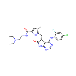 CCN(CC)CCNC(=O)c1cc(C)c(/C=C2\C(=O)Nc3ncnc(Nc4ccc(Cl)cc4F)c32)[nH]1 ZINC000013445466