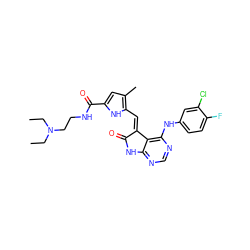 CCN(CC)CCNC(=O)c1cc(C)c(/C=C2\C(=O)Nc3ncnc(Nc4ccc(F)c(Cl)c4)c32)[nH]1 ZINC000013445451