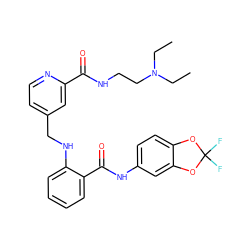 CCN(CC)CCNC(=O)c1cc(CNc2ccccc2C(=O)Nc2ccc3c(c2)OC(F)(F)O3)ccn1 ZINC000028951750