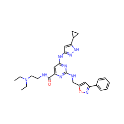 CCN(CC)CCNC(=O)c1cc(Nc2cc(C3CC3)[nH]n2)nc(NCc2cc(-c3ccccc3)no2)n1 ZINC000203003103