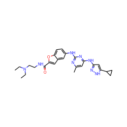 CCN(CC)CCNC(=O)c1cc2cc(Nc3nc(C)cc(Nc4cc(C5CC5)[nH]n4)n3)ccc2o1 ZINC000203004529