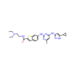 CCN(CC)CCNC(=O)c1cc2ccc(Nc3nc(C)cc(Nc4cc(C5CC5)[nH]n4)n3)cc2s1 ZINC000203007648