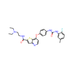 CCN(CC)CCNC(=O)c1cc2nccc(Oc3ccc(NC(=O)Nc4cc(C)ccc4F)cc3)c2s1 ZINC000219977780