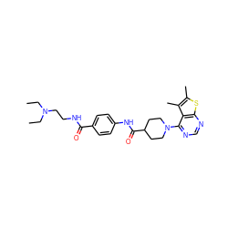 CCN(CC)CCNC(=O)c1ccc(NC(=O)C2CCN(c3ncnc4sc(C)c(C)c34)CC2)cc1 ZINC000012906082