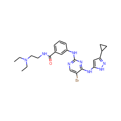 CCN(CC)CCNC(=O)c1cccc(Nc2ncc(Br)c(Nc3cc(C4CC4)n[nH]3)n2)c1 ZINC000038212058