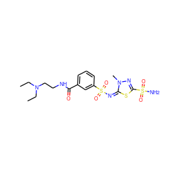 CCN(CC)CCNC(=O)c1cccc(S(=O)(=O)/N=c2/sc(S(N)(=O)=O)nn2C)c1 ZINC000013537553