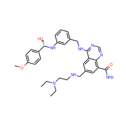 CCN(CC)CCNCc1cc(C(N)=O)c2ncnc(NCc3cccc(N[C@@H](O)c4ccc(OC)cc4)c3)c2c1 ZINC000167007753