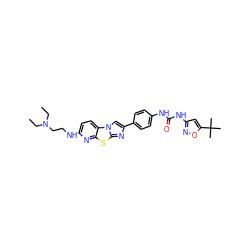CCN(CC)CCNc1ccc2c(n1)sc1nc(-c3ccc(NC(=O)Nc4cc(C(C)(C)C)on4)cc3)cn12 ZINC000148932451