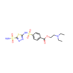 CCN(CC)CCOC(=O)c1ccc(S(=O)(=O)Nc2nnc(S(N)(=O)=O)s2)cc1 ZINC000071340498