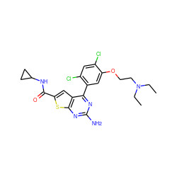 CCN(CC)CCOc1cc(-c2nc(N)nc3sc(C(=O)NC4CC4)cc23)c(Cl)cc1Cl ZINC000037246116