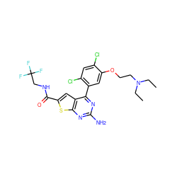 CCN(CC)CCOc1cc(-c2nc(N)nc3sc(C(=O)NCC(F)(F)F)cc23)c(Cl)cc1Cl ZINC000037246118