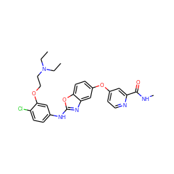 CCN(CC)CCOc1cc(Nc2nc3cc(Oc4ccnc(C(=O)NC)c4)ccc3o2)ccc1Cl ZINC000014965299