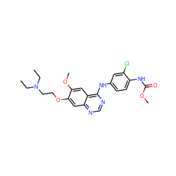 CCN(CC)CCOc1cc2ncnc(Nc3ccc(NC(=O)OC)c(Cl)c3)c2cc1OC ZINC000084634977