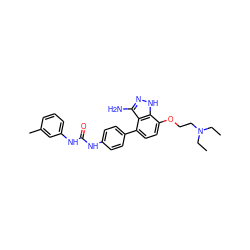 CCN(CC)CCOc1ccc(-c2ccc(NC(=O)Nc3cccc(C)c3)cc2)c2c(N)n[nH]c12 ZINC000028604292