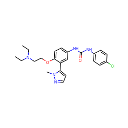 CCN(CC)CCOc1ccc(NC(=O)Nc2ccc(Cl)cc2)cc1-c1ccnn1C ZINC000045256601