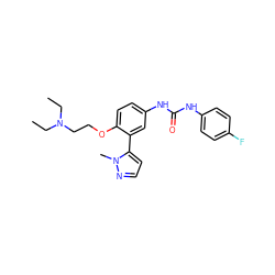 CCN(CC)CCOc1ccc(NC(=O)Nc2ccc(F)cc2)cc1-c1ccnn1C ZINC000045255047