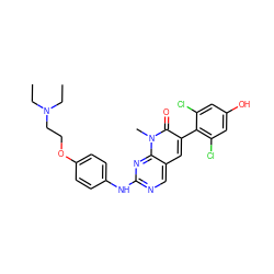 CCN(CC)CCOc1ccc(Nc2ncc3cc(-c4c(Cl)cc(O)cc4Cl)c(=O)n(C)c3n2)cc1 ZINC000028337211