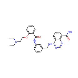 CCN(CC)CCOc1ccccc1C(=O)Nc1cccc(CNc2ncnc3c(C(N)=O)cccc23)c1 ZINC000114346013