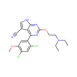 CCN(CC)CCOc1nc(-c2cc(OC)c(Cl)cc2Cl)c2c(C#N)c[nH]c2n1 ZINC000095576815