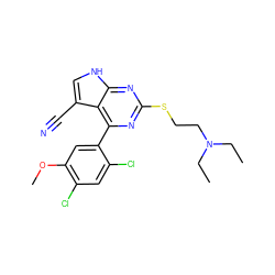 CCN(CC)CCSc1nc(-c2cc(OC)c(Cl)cc2Cl)c2c(C#N)c[nH]c2n1 ZINC000095573115