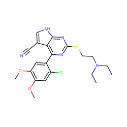 CCN(CC)CCSc1nc(-c2cc(OC)c(OC)cc2Cl)c2c(C#N)c[nH]c2n1 ZINC000095580162