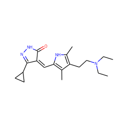 CCN(CC)CCc1c(C)[nH]c(/C=C2\C(=O)NN=C2C2CC2)c1C ZINC000028395648