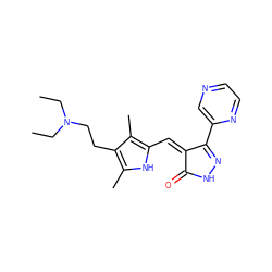 CCN(CC)CCc1c(C)[nH]c(/C=C2\C(=O)NN=C2c2cnccn2)c1C ZINC000028392908