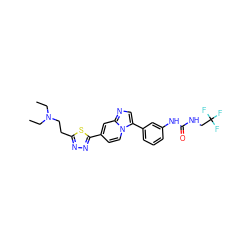 CCN(CC)CCc1nnc(-c2ccn3c(-c4cccc(NC(=O)NCC(F)(F)F)c4)cnc3c2)s1 ZINC000139659480