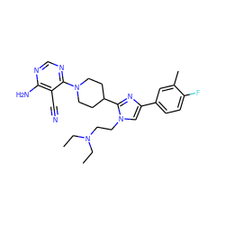 CCN(CC)CCn1cc(-c2ccc(F)c(C)c2)nc1C1CCN(c2ncnc(N)c2C#N)CC1 ZINC000219734067