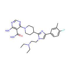 CCN(CC)CCn1cc(-c2ccc(F)c(C)c2)nc1C1CCN(c2ncnc(N)c2C(N)=O)CC1 ZINC000219776599