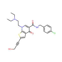 CCN(CC)CCn1cc(C(=O)NCc2ccc(Cl)cc2)c(=O)c2cc(C#CCO)sc21 ZINC000001549291