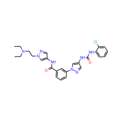 CCN(CC)CCn1cc(NC(=O)c2cccc(-n3cc(NC(=O)Nc4ccccc4Cl)cn3)c2)cn1 ZINC000299838937