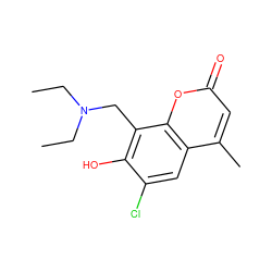 CCN(CC)Cc1c(O)c(Cl)cc2c(C)cc(=O)oc12 ZINC000019791721