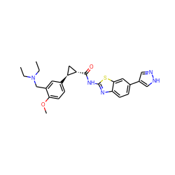 CCN(CC)Cc1cc([C@H]2C[C@@H]2C(=O)Nc2nc3ccc(-c4cn[nH]c4)cc3s2)ccc1OC ZINC000103294162