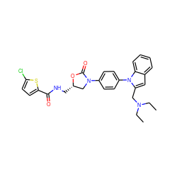 CCN(CC)Cc1cc2ccccc2n1-c1ccc(N2C[C@H](CNC(=O)c3ccc(Cl)s3)OC2=O)cc1 ZINC000299860412