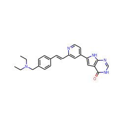 CCN(CC)Cc1ccc(/C=C/c2cc(-c3cc4c(=O)[nH]cnc4[nH]3)ccn2)cc1 ZINC000060129784