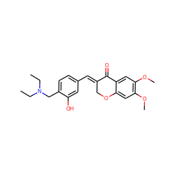 CCN(CC)Cc1ccc(/C=C2\COc3cc(OC)c(OC)cc3C2=O)cc1O ZINC001772589775