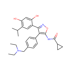 CCN(CC)Cc1ccc(-c2c(-c3cc(C(C)C)c(O)cc3O)noc2NC(=O)C2CC2)cc1 ZINC000299839784