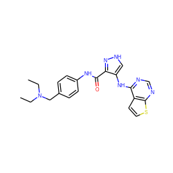 CCN(CC)Cc1ccc(NC(=O)c2n[nH]cc2Nc2ncnc3sccc23)cc1 ZINC001772645989