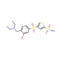 CCN(CC)Cc1ccc(S(=O)(=O)c2csc(S(N)(=O)=O)c2)cc1O ZINC000013727936