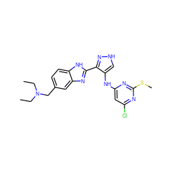 CCN(CC)Cc1ccc2[nH]c(-c3n[nH]cc3Nc3cc(Cl)nc(SC)n3)nc2c1 ZINC000096271627