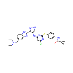 CCN(CC)Cc1ccc2[nH]c(-c3n[nH]cc3Nc3cc(Cl)nc(Sc4ccc(NC(=O)C5CC5)cc4)n3)nc2c1 ZINC000096271626