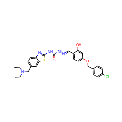 CCN(CC)Cc1ccc2nc(NC(=O)N/N=C/c3ccc(OCc4ccc(Cl)cc4)cc3O)sc2c1 ZINC000299830032