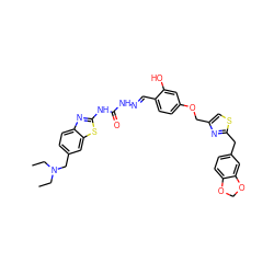 CCN(CC)Cc1ccc2nc(NC(=O)N/N=C/c3ccc(OCc4csc(Cc5ccc6c(c5)OCO6)n4)cc3O)sc2c1 ZINC000299833605