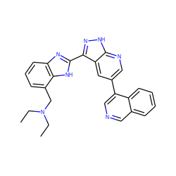 CCN(CC)Cc1cccc2nc(-c3n[nH]c4ncc(-c5cncc6ccccc56)cc34)[nH]c12 ZINC000028950072