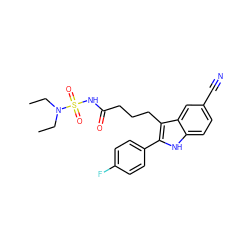 CCN(CC)S(=O)(=O)NC(=O)CCCc1c(-c2ccc(F)cc2)[nH]c2ccc(C#N)cc12 ZINC000029041449