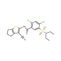 CCN(CC)S(=O)(=O)c1cc(C(=O)Nc2sc3c(c2C#N)CCC3)c(Cl)cc1Cl ZINC000013588560