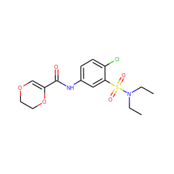 CCN(CC)S(=O)(=O)c1cc(NC(=O)C2=COCCO2)ccc1Cl ZINC000012883324