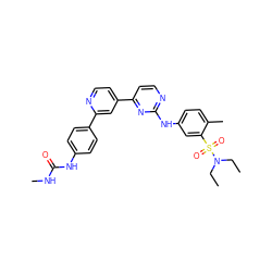 CCN(CC)S(=O)(=O)c1cc(Nc2nccc(-c3ccnc(-c4ccc(NC(=O)NC)cc4)c3)n2)ccc1C ZINC000095580574